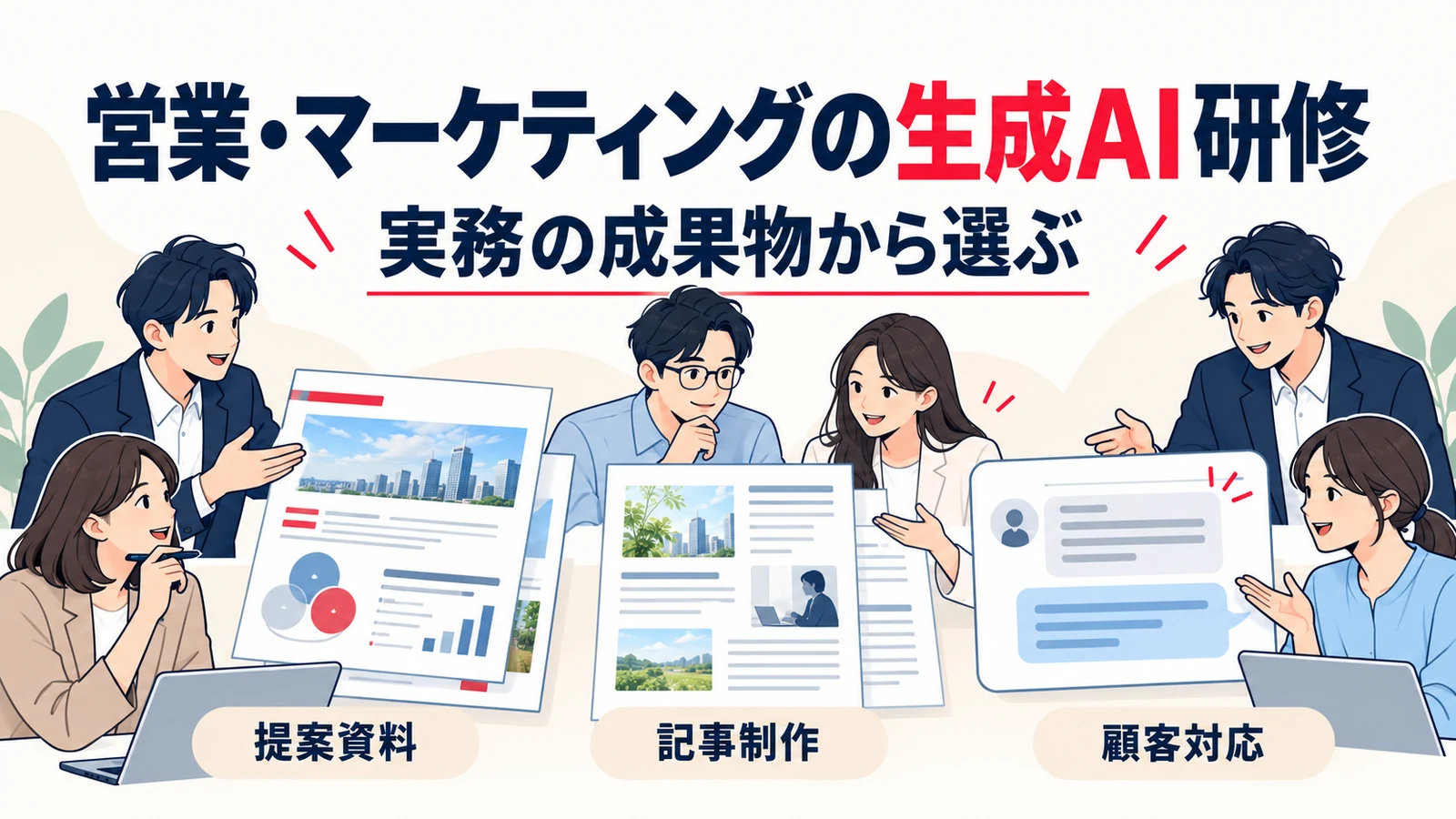 営業とマーケティングの担当者が提案資料、記事、顧客対応を共同で確認するイメージ