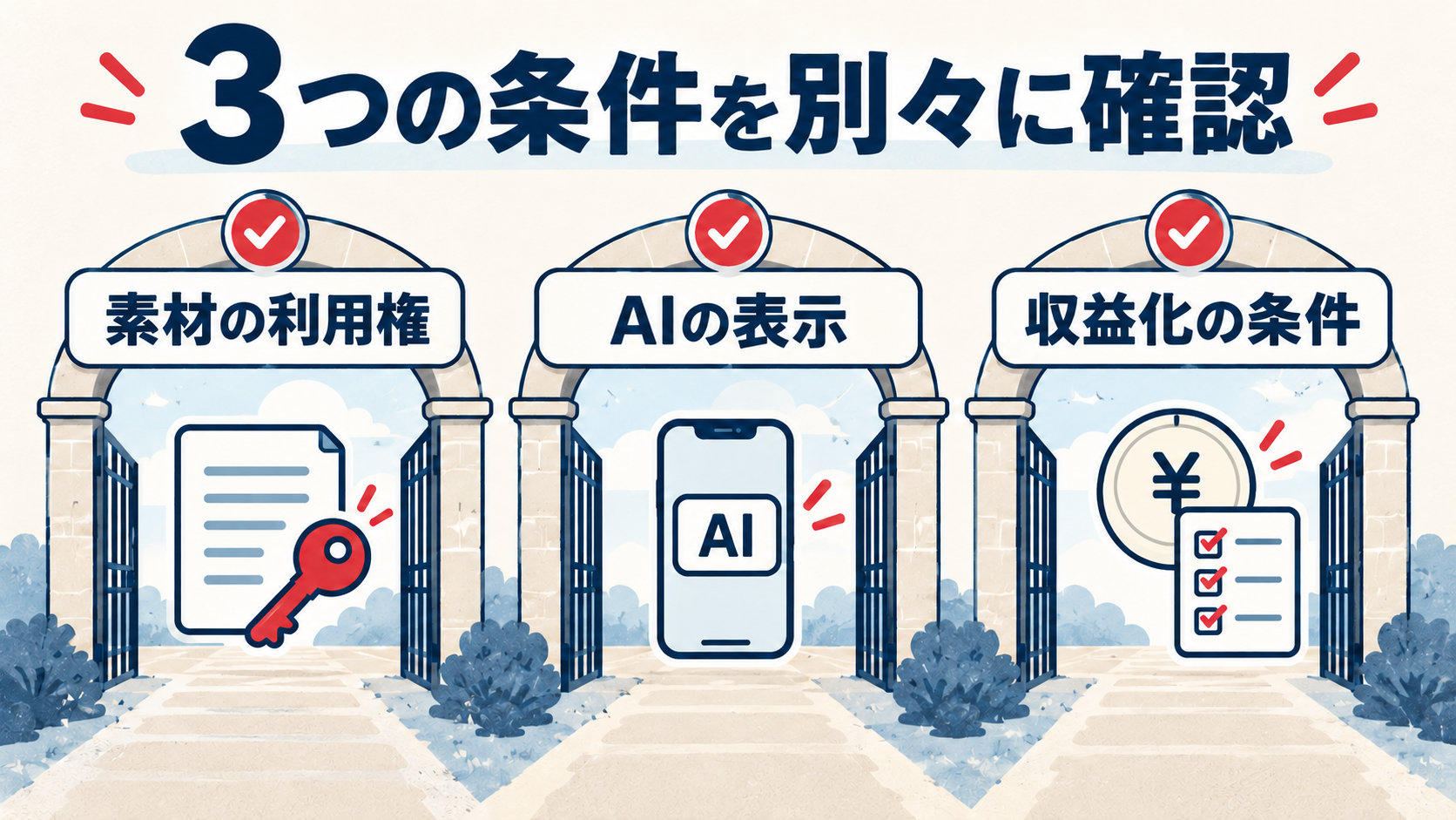 素材の利用権、AIの表示、収益化の条件を独立して確認する3つの門の図