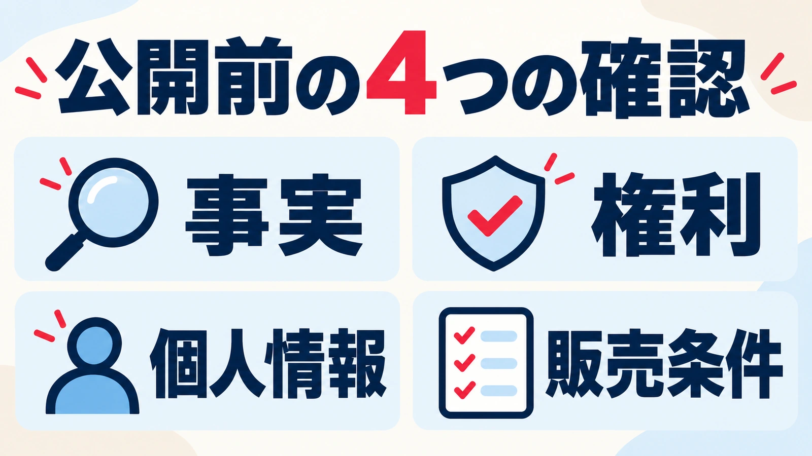 note記事公開前に事実、権利、個人情報、販売条件を確認するチェック項目