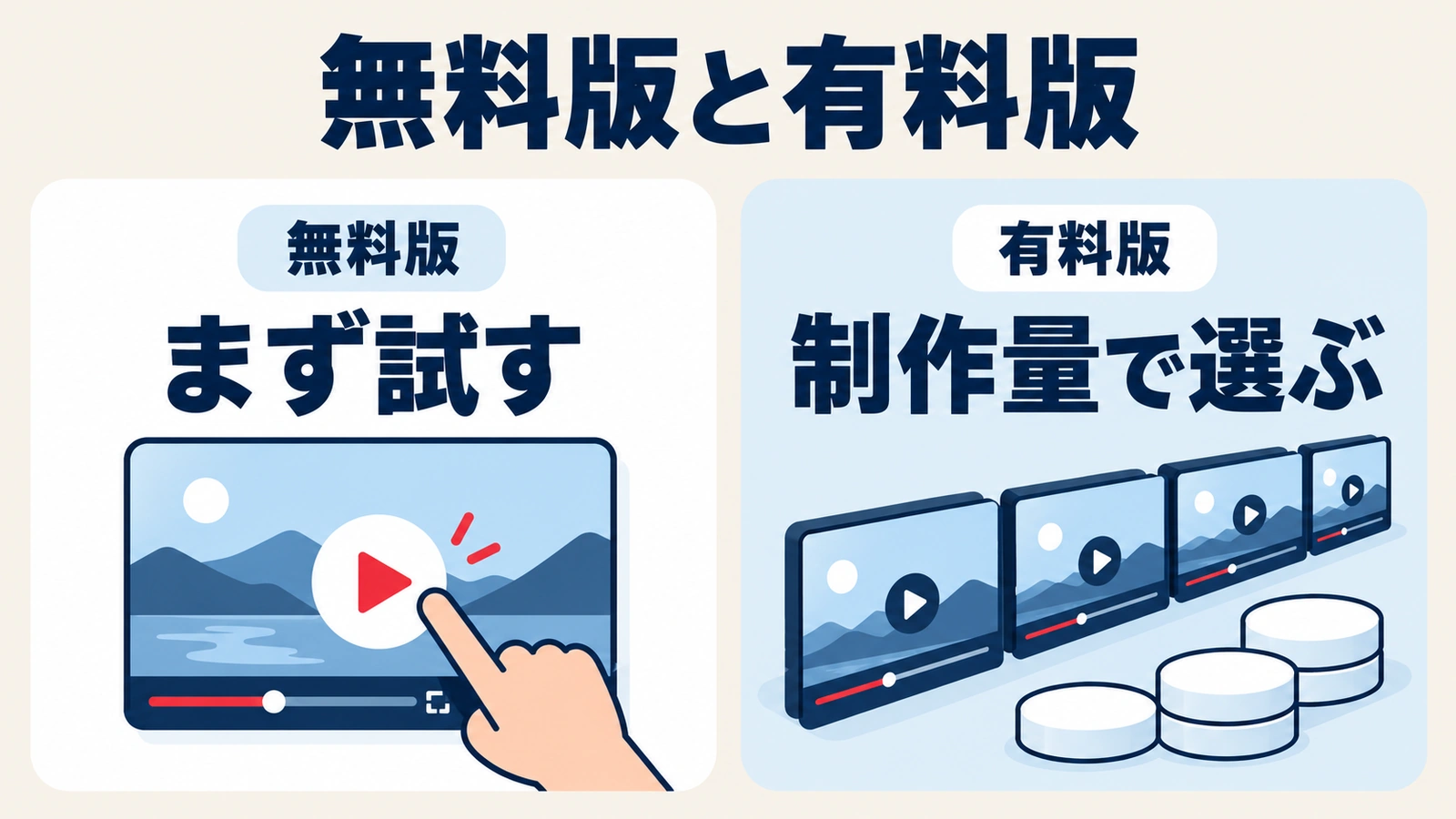 無料版はまず試し、有料版は制作量で選ぶという比較の考え方
